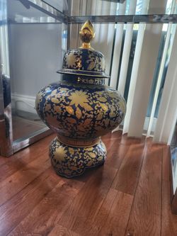 Large Cobalt Blue and Gold Ceramic Ginger Jar