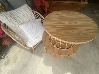 Boho Rattan Accent Chair + Round Side Table Set