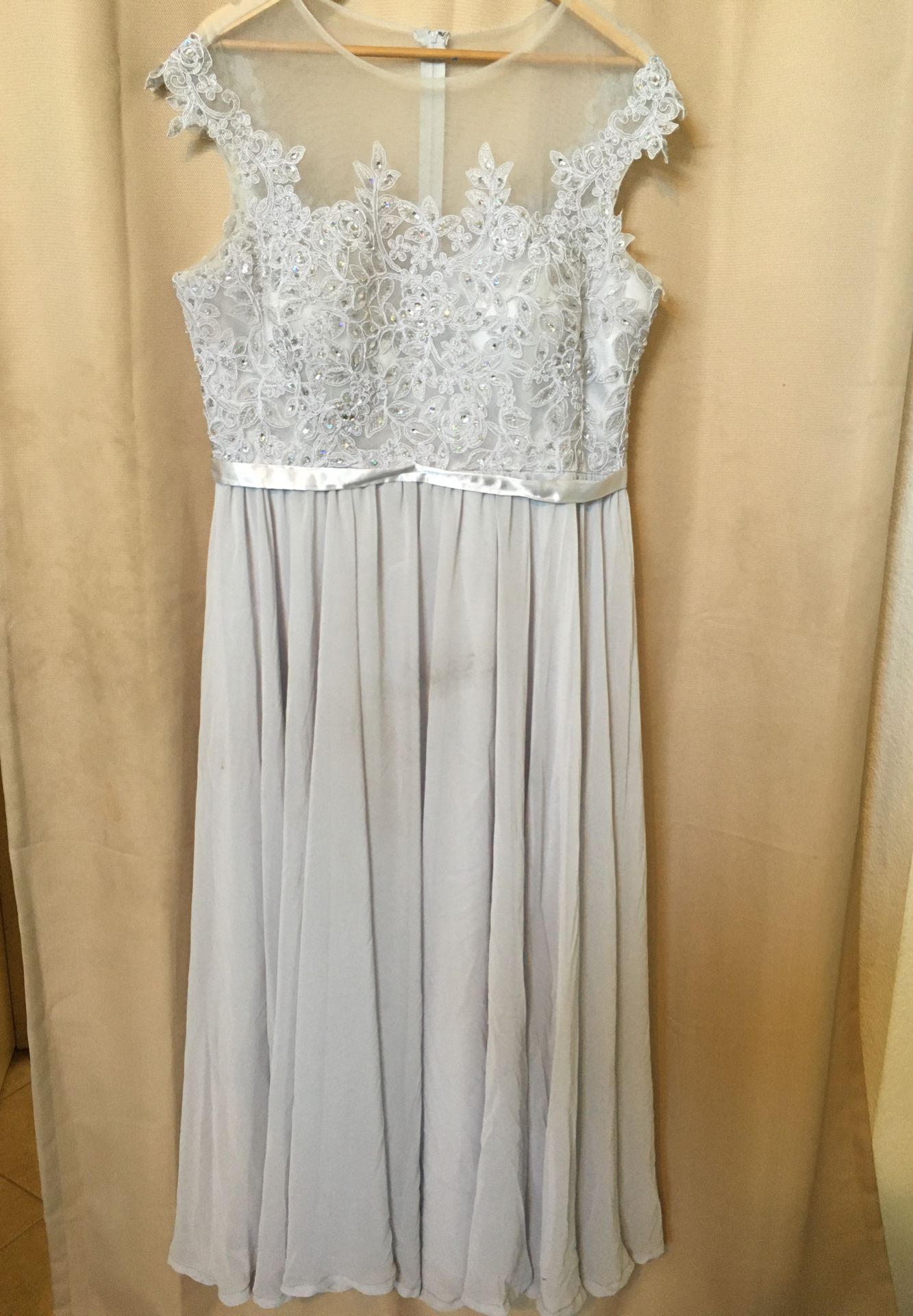 Bridesmaid Dress Satin Grey/Silver with Sheer and Sequin decal.