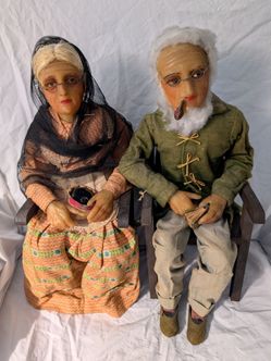 Rare Antique Pair of Grandma & Grandpa Wax Dolls