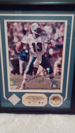 Authentic hand sighed Dan Marino limited edition sighed picture with piece of game Jersey and gold plated coin
