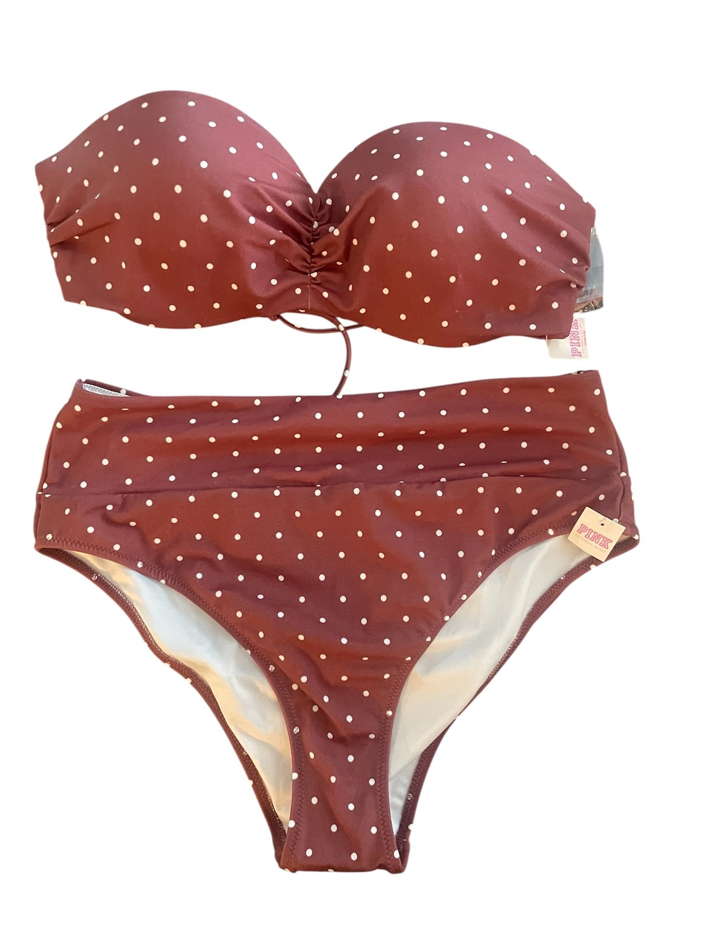 Victoria's Secret Pink Strapless Bikini Swim 2 Piece Set Begonia Pink Polka Dot