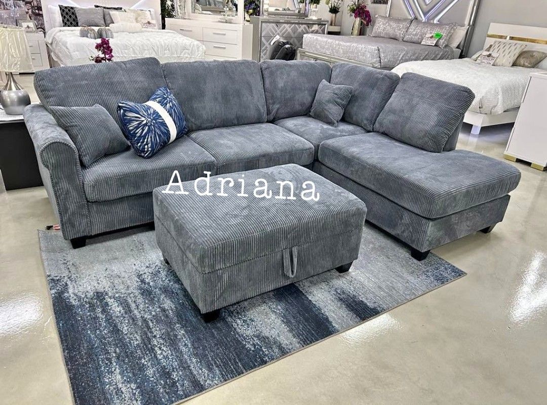 Elegant 3-Pc Corduroy Sectional Sofa With Storage Ottoman + USB Port