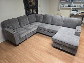 🔥 Brand new grey/beige super comfy oversized Pull-Out Sleeper sectional sofa/Couch W/ Cup holders, Charging ports & Storage space | Pay After Deliver