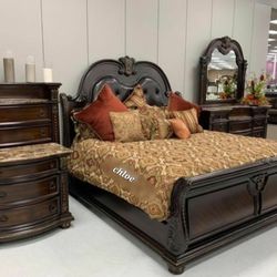 ••ASKdISCOUNTcOUPOn🍬stnly Cherry Brown Upholstered Sleigh Bedroom Set  🛎 queen King full twin bed dresser mirror nightstand bunk mattress /3pcs■