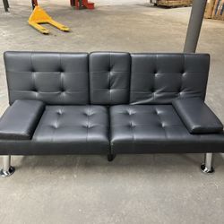 Convertible Folding Futon Sofa Bed Sleeper Couch for Living Room Faux Leather Upholstered Loveseat w/Removable Armrests, Metal Legs, 2 Cup Holders（Bla