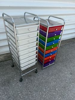 $45 for both! Two Plastic Storage Drawers Supplies Chests! Great for Arts and Crafts or Classroom! White one rolls.  13x15x38in
