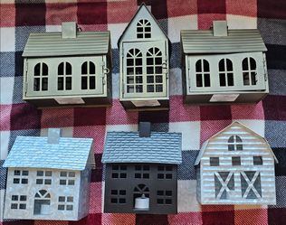 Lot of 6 Metal Christmas Village House & Barn Candle Lanterns - $25 OBO