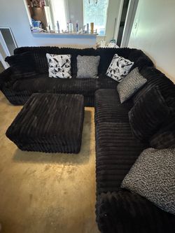 Black Corduroy Sectional Sofa w/ Ottoman, Cushions, Pillows