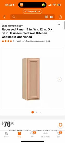 Hampton Bay. Recessed Panel 12 in. W × 12 in. D x 36 in. H Assembled Wall Kitchen Cabinet in Unfinis $40