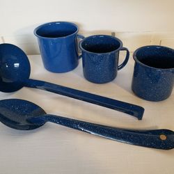 Blue Speckled Enamelware Cups and Utensils 