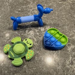 Small Toddler Fiddle Travel Toys (set of 3) Pop Teether, Small Pop Toy, & Sensory Noodle Kids Fiddle Toys