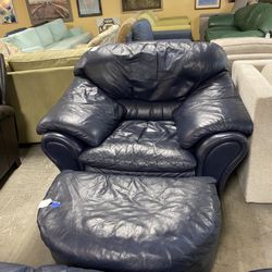 LEATHER TREND Blue Leather Arm Chair & Ottoman 