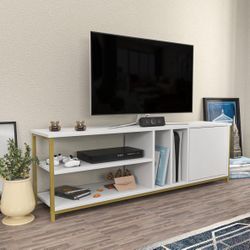TV Stand Console Cabinet - Four Shelves and One Cabinet (Gold/White)
