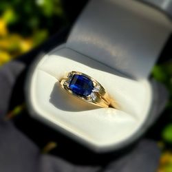 Jewelry 10k solid yellow gold cobalt stone natural diamonds 1.77CTW ring size 11.25