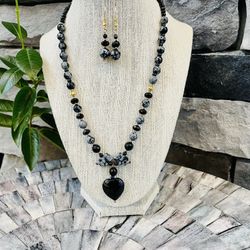 Black Onyx and Snowflake Obsidian Necklace And Earrings Set