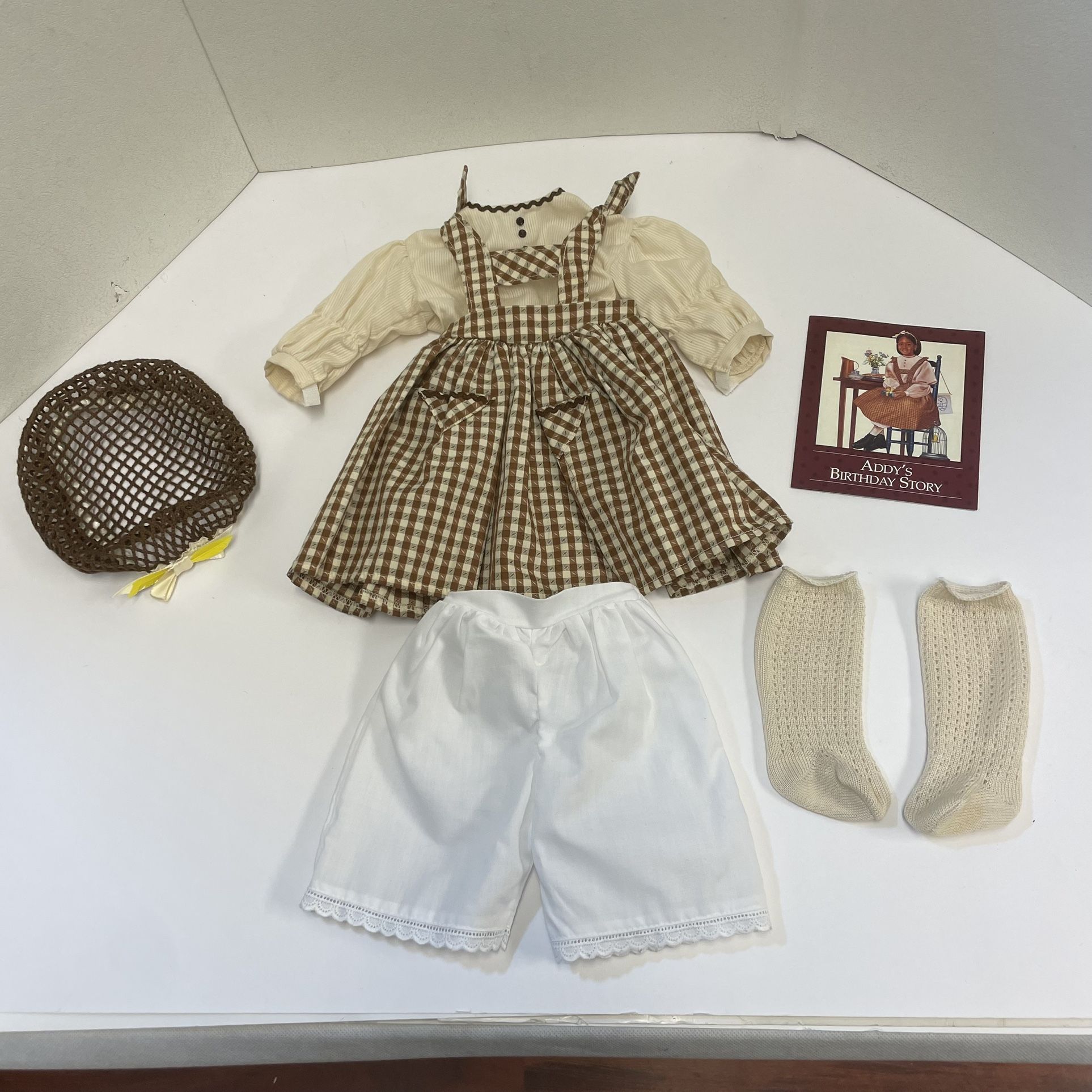 American Girl Addy's Birthday Pinafore and Snood Outfit Dress Pleasant Company