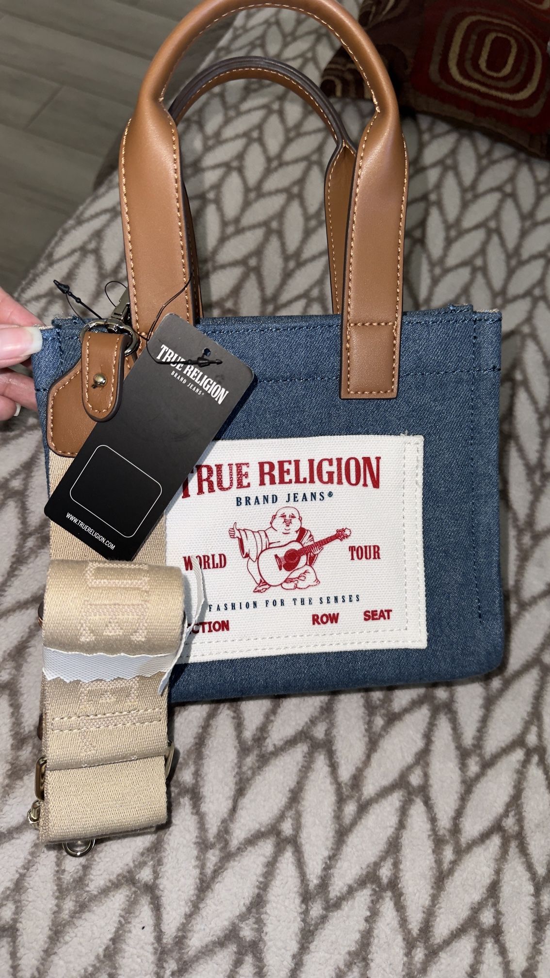 True Religion Blue Denim Tote Bag With Tan Straps