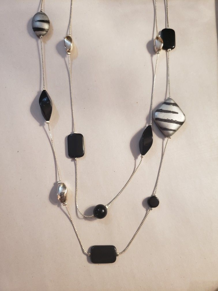Double Stand Silver Chain Necklace With Unique Beads