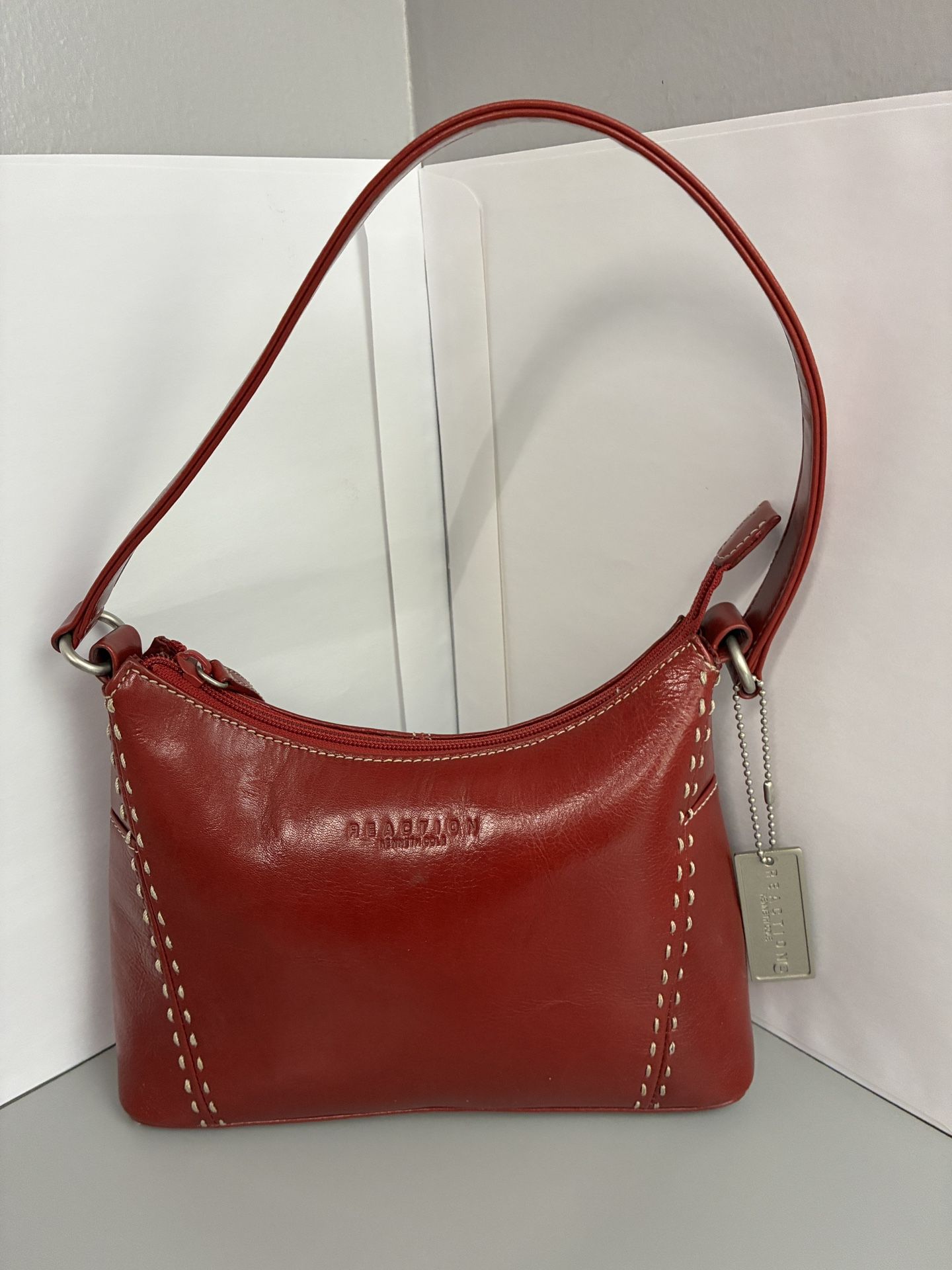 Kenneth Cole Reaction Red Shoulder Bag Leather Tan Stitching Metal Hangtag Nice