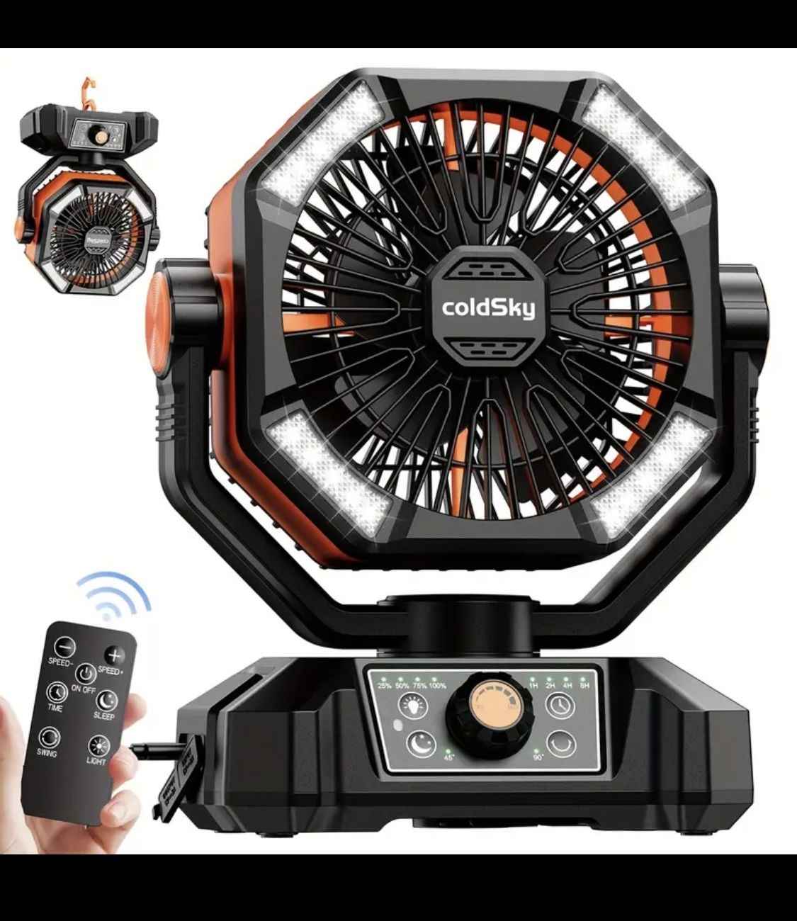 Battery Powered Camping Fan Moving Rotating Head With Light And Remote Control 