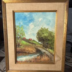 Landscape painting with bridge and stream. 17x20