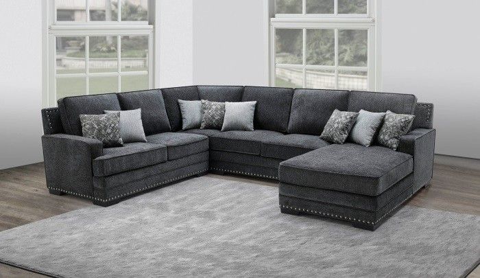 Dark Grey Chenile Fabric Sectional With Pillows And Chaise