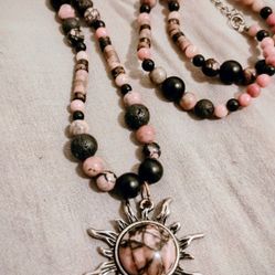 Rhodonite Sun Pendant 20" Necklace with Rhodonite, Rhochrosite, Onyx And Lava Stone
