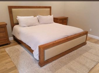 Beautiful sturdy Cal King Rustic wood and upholstered bed! Boxspring Included