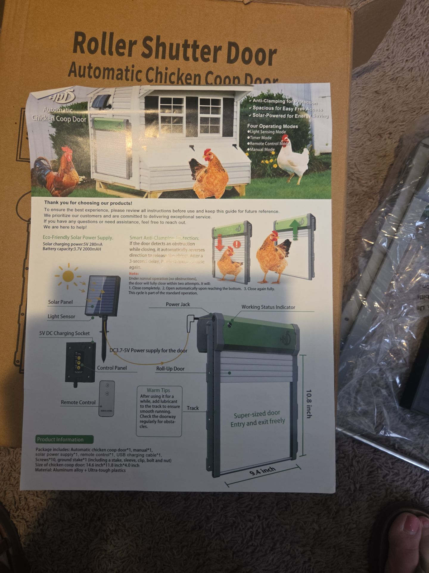 Solar chicken coop rolling door