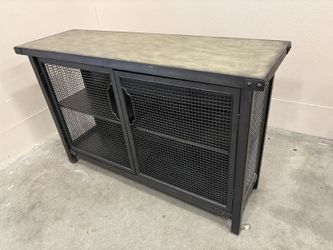 Industrial Style Accent Cabinet with Wire-Mesh Front and Grey Wash Top