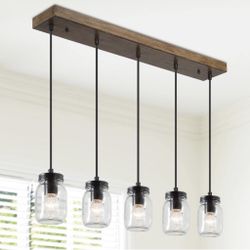 Uolfin Firefly 5-Light DIY Mason Jar Island Chandelier Pendant Light with Rustic Faux Wood Accents 