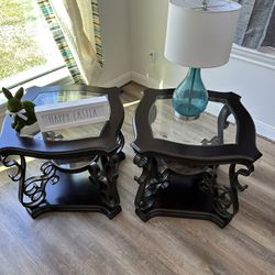 Set Of Two Dark Brown End table With Glass Insert