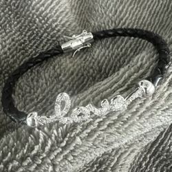 Sterling Silver Diamond Black Leather Cord Love Bracelet