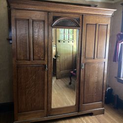 Vintage Oak Wardrobe With Mirror Shelves And Drawers 