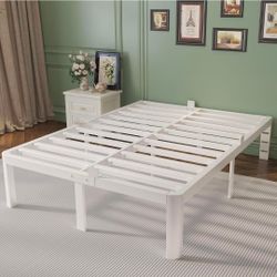 Full Size Bed Frame 14 Inch White, Metal Bed Frame Full with Gaskets, No Box Spring Needed, Heavy Duty Steel Plarform Supprt, Rounded Corner Design, R