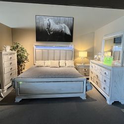 Grey King Bed, Dresser , Mirror And One Nightstand