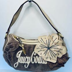 Juicy Couture Velour Y2K Purse Shoulder Bag Gray Floral Leather Flower Cream EUC