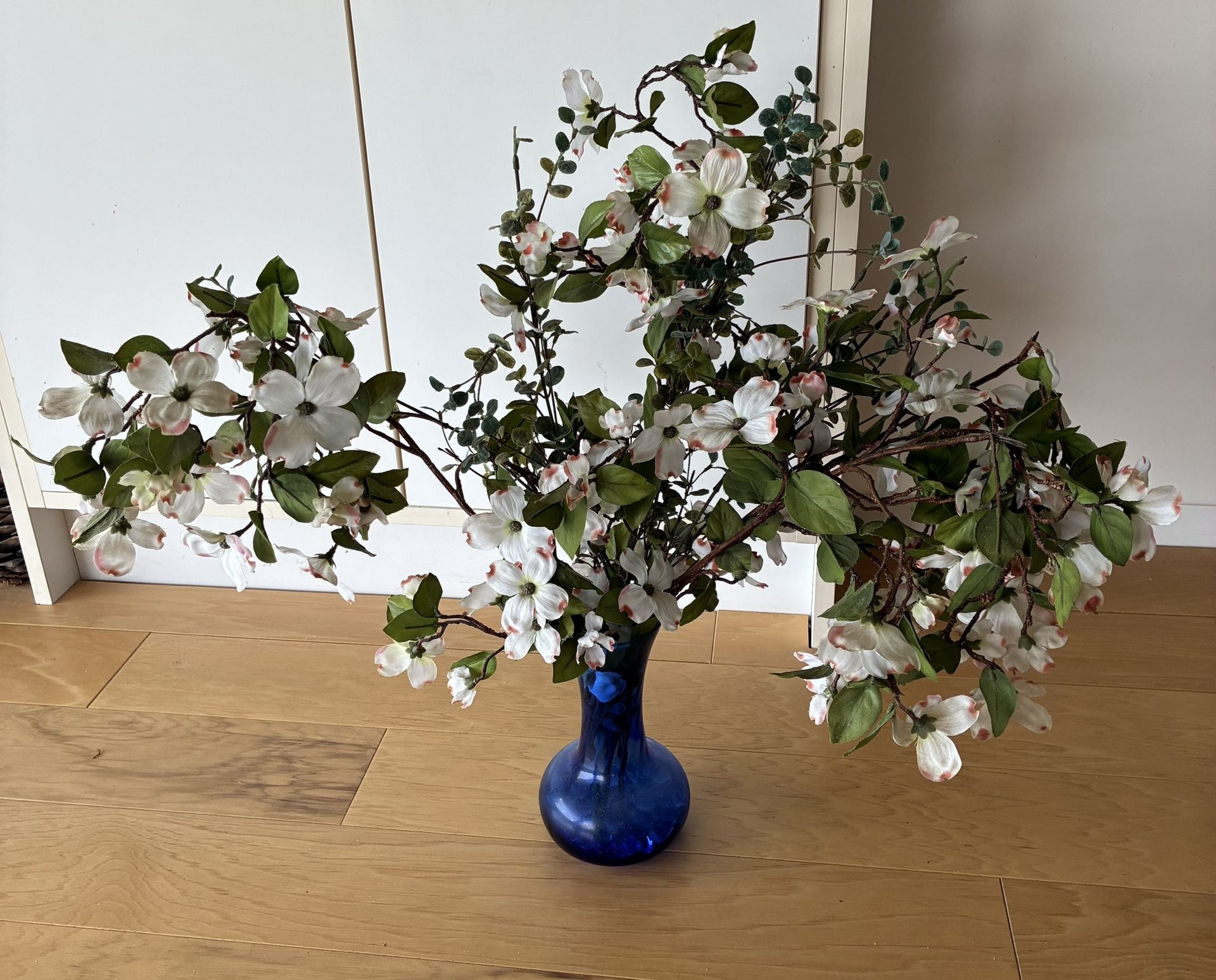 Synthetic Dogwood Flower Floral Arrangement, 27” WideX24” Tall w/Blue Vase 8” Tall.