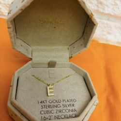 Letter E PENDANT WITH CHAIN isabellame 14KT GOLD PLATED STERLING SILVER CUBIC ZIRCONIA 16.2"