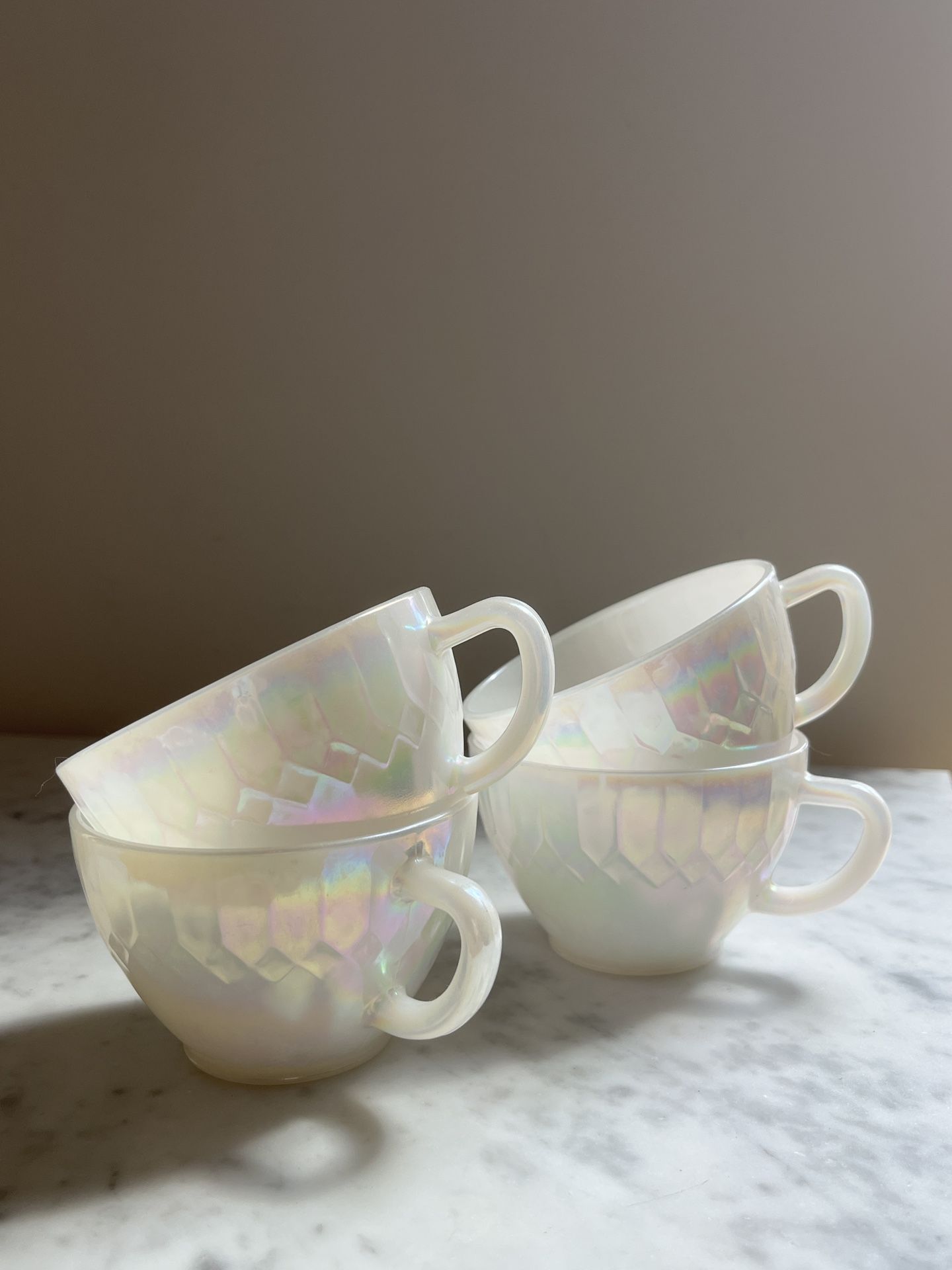 Vintage Federal Glass Moonglow Iridescent Teacups Set of 4