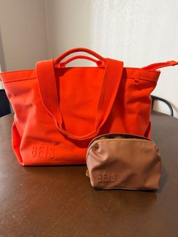 beis travel tote (flame) + small cosmetic pouch (camel)