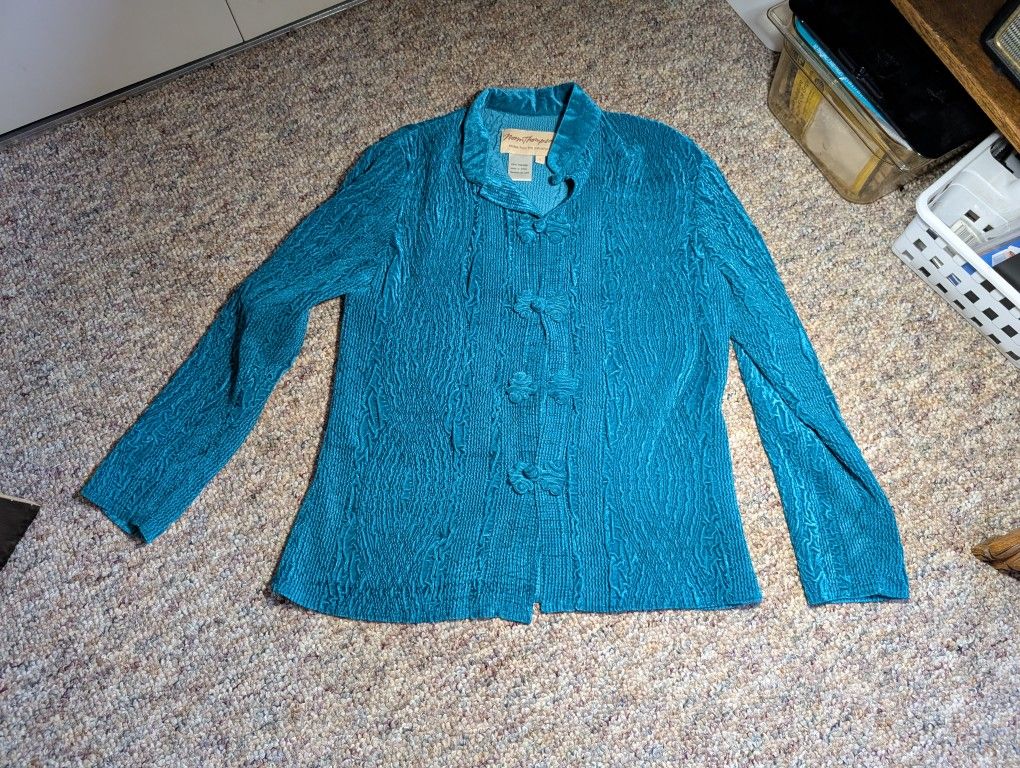 Norm Thompson Turquoise Button Collar Sweater Top Womens Size Small