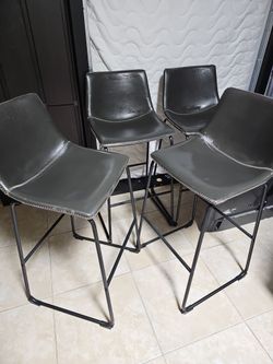 Set of 4 Gray Leather Bar Stools