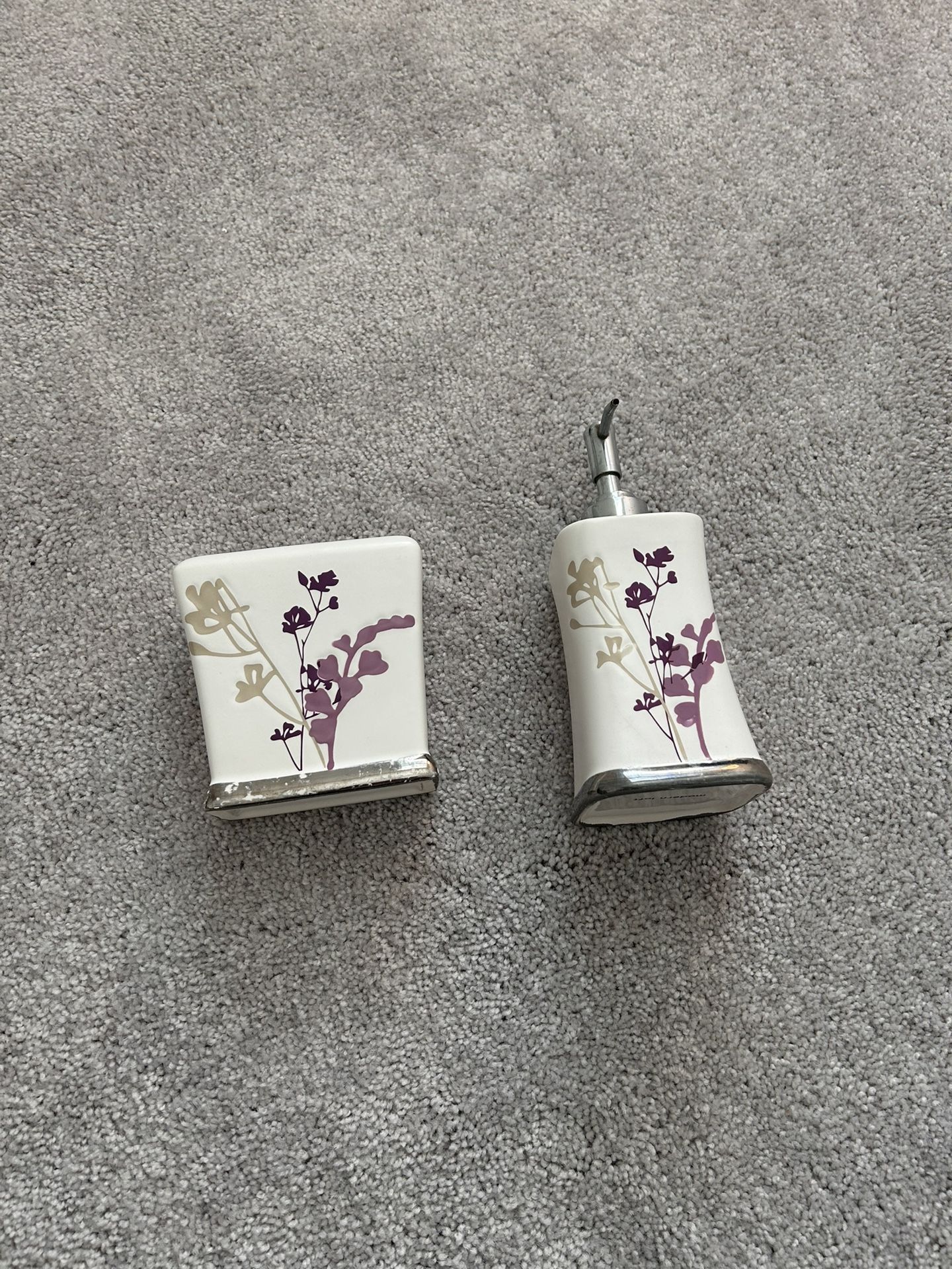 toothbrush holder & soap dispenser - purple flower design