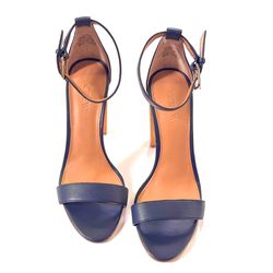 New J. Crew Women’s Open Leather Sandal with Chunky Wood Heel in Navy Blue (6.5)