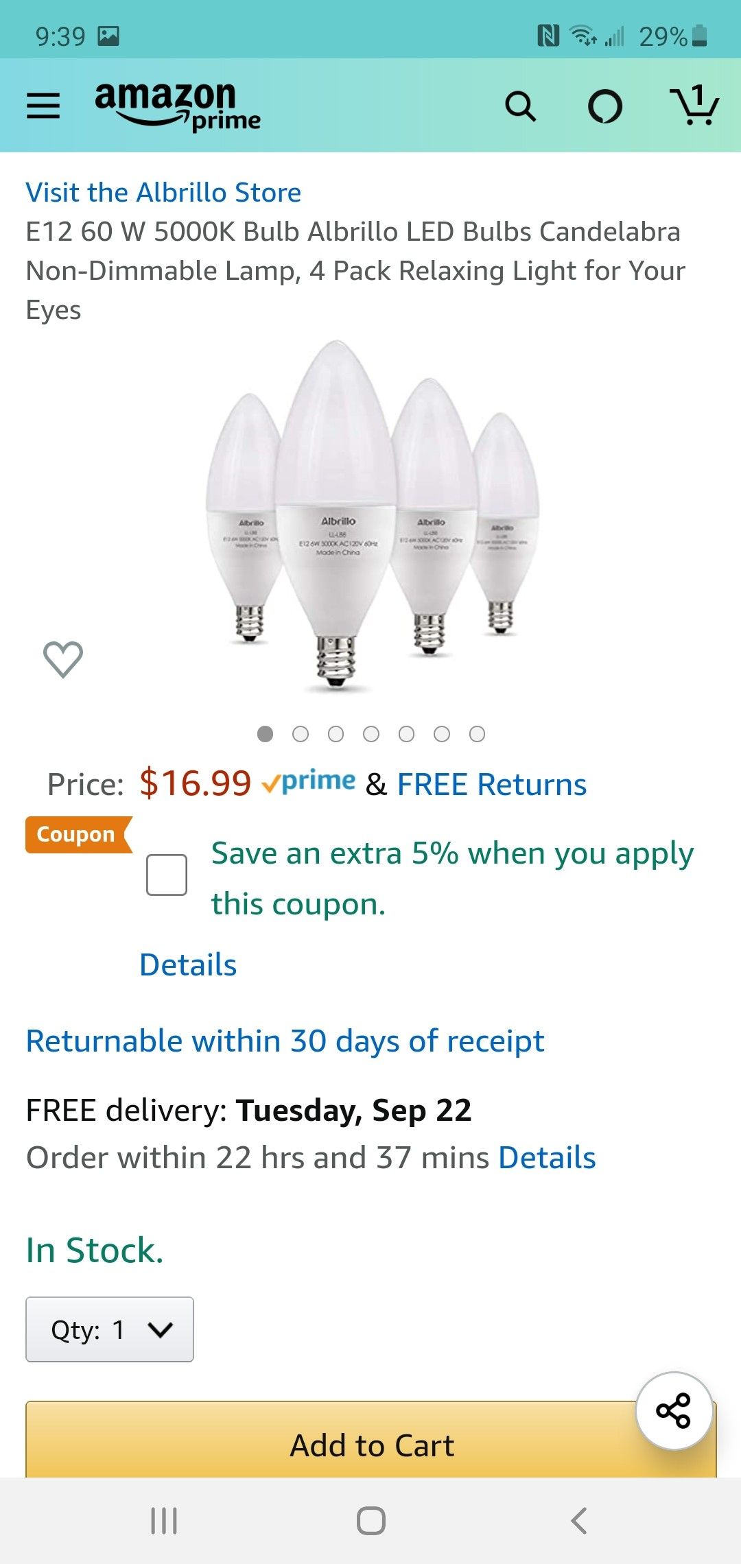 E12 60 W 5000K Bulb Albrillo LED Bulbs