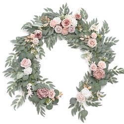Ling's Moment Spring Flower Garland - 6FT Eucalyptus & Rose - Pink Sweetheart Table Decor For Wedding Reception, Artificial Floral Garland For Mantle,