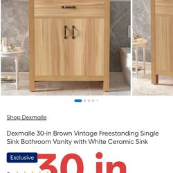 30-in Brown Vintage Freestanding Single Sink Bathroom Vanity with White Ceramic Sink