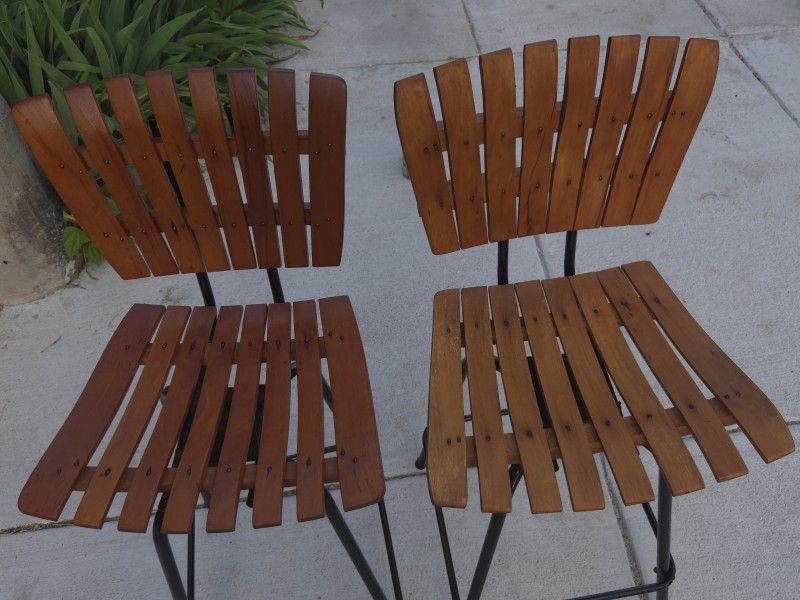 Arthur Umanoff Rare set Of Vintage MCM Wooden Slayted METAL counter Bar Stools